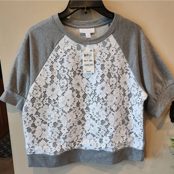 Charter Club Tops - Charter Club short sleeve cropped sweatshirt style top lace front panel SP